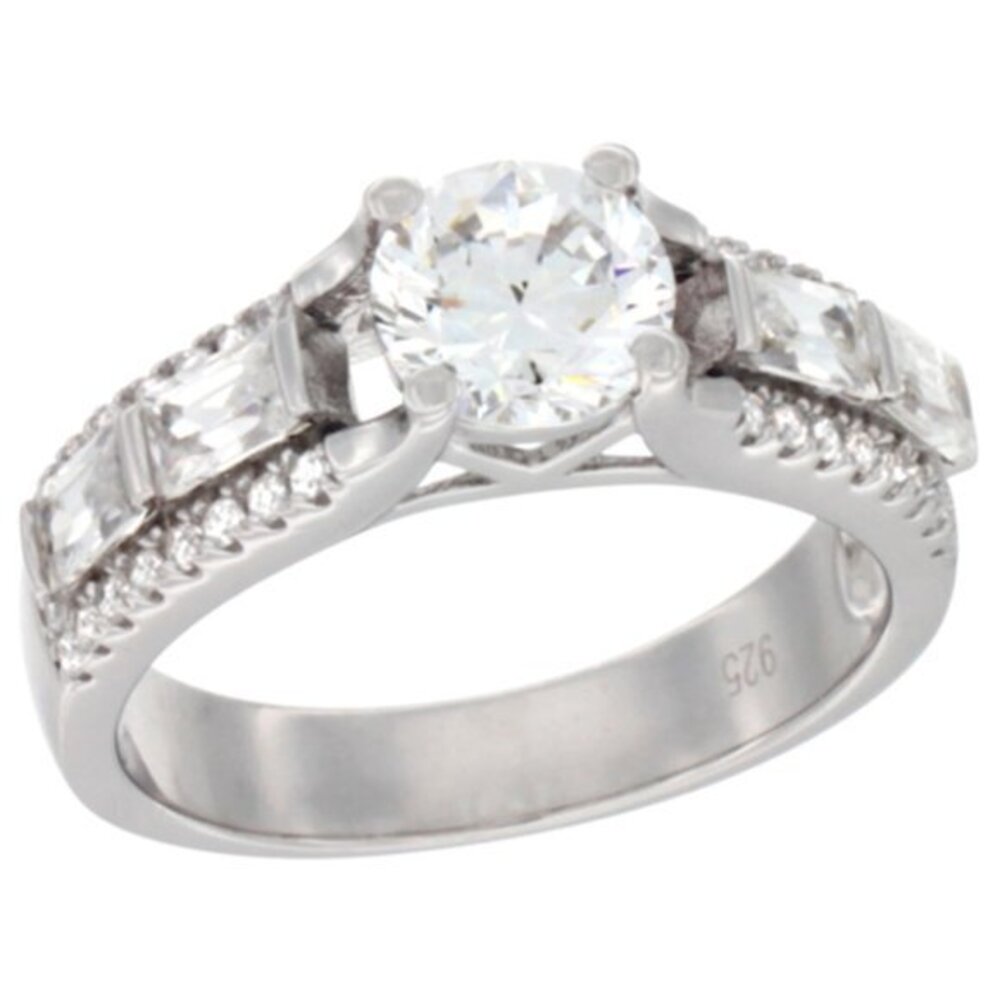 Ladies Sterling Silver Round Stone Micro Pave CZ Ring Emerald Cut 6 7 8 9